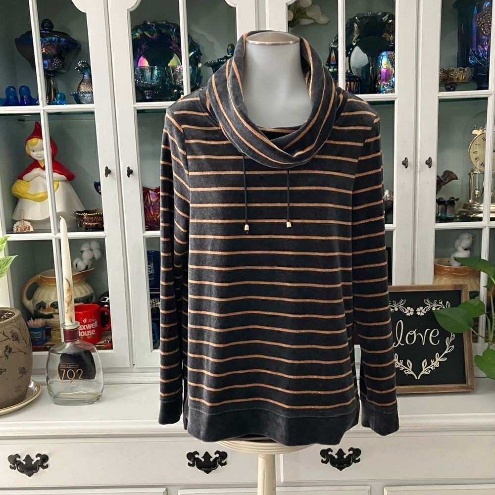 Chico’s Cowl Neck Gray Velour Striped Top Small